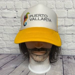Puerto Vallarta Tourist Hat Cap Snapback White Yellow Trucker Mesh Beach Mexico